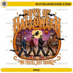 Boys of Halloween PNG featuring horror-inspired characters walking through a spooky Halloween town with pumpkins, bats, and full moon background