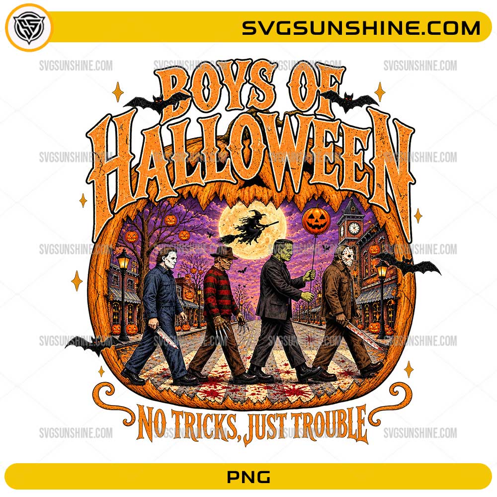 Boys of Halloween PNG featuring horror-inspired characters walking through a spooky Halloween town with pumpkins, bats, and full moon background