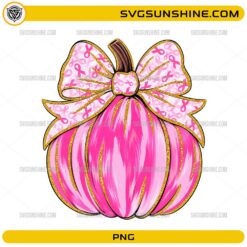 Breast Cancer Awareness Pink Pumpkin PNG with pink ribbon bow and glitter gold accents