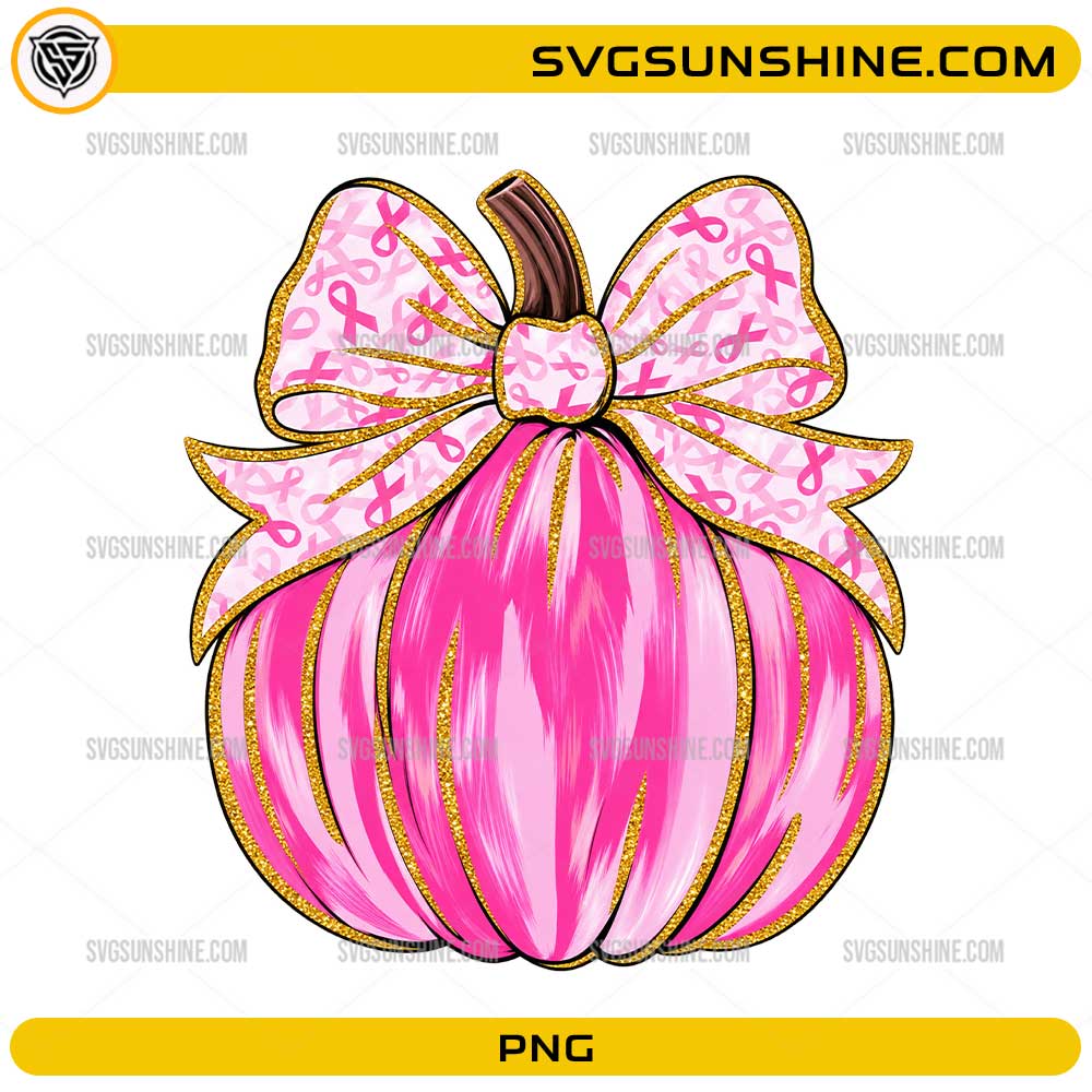 Breast Cancer Awareness Pink Pumpkin PNG with pink ribbon bow and glitter gold accents