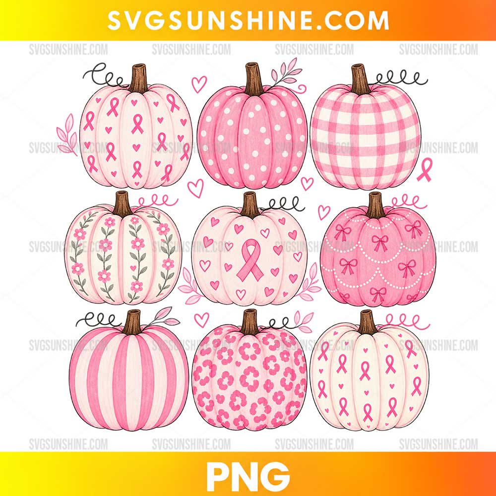 Breast Cancer Awareness Pink Pumpkins PNG with pink ribbons, floral pumpkins, and fall-themed watercolor artwork