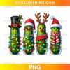 Christmas Pickle Mason Jar PNG with festive pickle characters wearing Santa hats, scarves, and wrapped in colorful Christmas lights