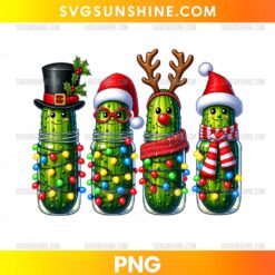 Christmas Pickle Mason Jar PNG with festive pickle characters wearing Santa hats, scarves, and wrapped in colorful Christmas lights