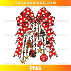 Christmas Polka Dot Bow PNG with festive holiday ornaments including Santa, snowman, gingerbread man, Christmas tree, and candy cane