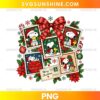 Christmas Snoopy Postage Stamp PNG featuring festive holiday stamps, red bow, holly leaves, ornaments, candy canes, and Christmas decorations