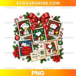 Christmas Snoopy Postage Stamp PNG featuring festive holiday stamps, red bow, holly leaves, ornaments, candy canes, and Christmas decorations