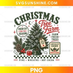 Christmas Tree Farm PNG featuring a vintage Christmas tree, pinecones, holly berries, farm fresh trees sign, and festive holiday typography