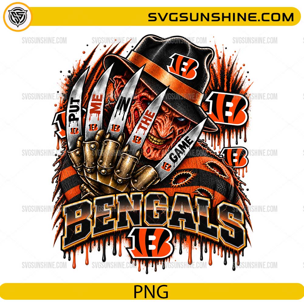 Cincinnati Bengals Freddy Krueger PNG featuring Put Me In The Game quote and horror football artwork