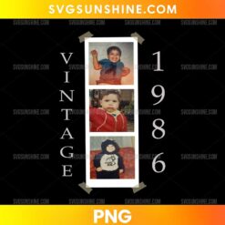 Custom Vintage 1986 PNG featuring a personalized childhood photo collage with retro vintage typography