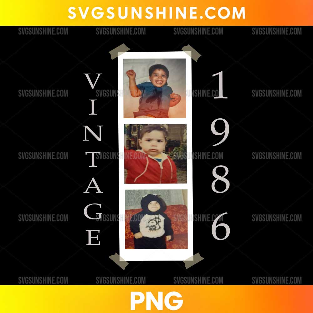Custom Vintage 1986 PNG featuring a personalized childhood photo collage with retro vintage typography