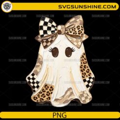 Cute Ghost Bow PNG with leopard print accents, checkered patterns, and stylish Halloween ghost design
