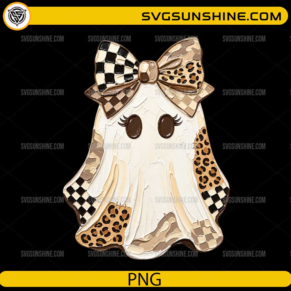 Cute Ghost Bow PNG with leopard print accents, checkered patterns, and stylish Halloween ghost design