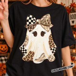 Cute Ghost Bow PNG displayed on a Halloween shirt mockup with leopard print and checkered bow design