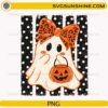Cute Ghost Girl Halloween PNG with leopard print bow holding a pumpkin trick or treat bucket