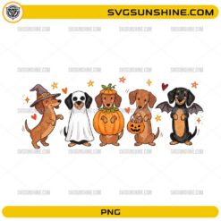 Cute Halloween Dachshund Dogs PNG featuring adorable dachshunds dressed in Halloween costumes