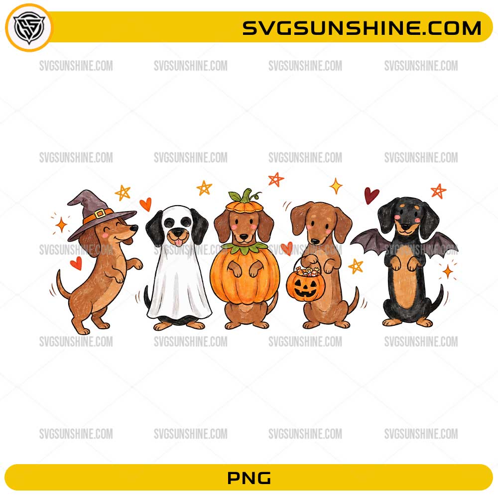 Cute Halloween Dachshund Dogs PNG featuring adorable dachshunds dressed in Halloween costumes