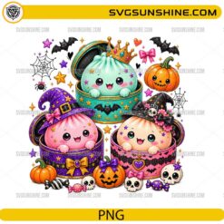 Cute Halloween Dumpling PNG featuring kawaii dumplings in Halloween costumes with pumpkins bats candy and witch hats