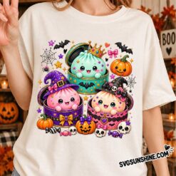 Cute Halloween Kawaii Dumplings PNG design displayed on a shirt featuring adorable pastel dumplings, pumpkins, bats, witch hats, and spooky Halloween elements.