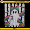 Cute Rainbow Ghost Halloween PNG with leopard print rainbow bow, colorful pumpkins, bats, and festive Halloween decorations.