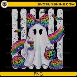 Cute Rainbow Ghost Halloween PNG with leopard print rainbow bow, colorful pumpkins, bats, and festive Halloween decorations.