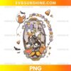 Daisy Duck Trick or Treat Halloween PNG with skeleton costume, pumpkin candy basket, bats, candy corn, and haunted castle background