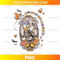 Daisy Duck Trick or Treat Halloween PNG with skeleton costume, pumpkin candy basket, bats, candy corn, and haunted castle background