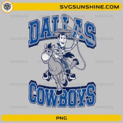 Dallas Cowboys Woody PNG featuring a cowboy character riding a horse with vintage football team lettering