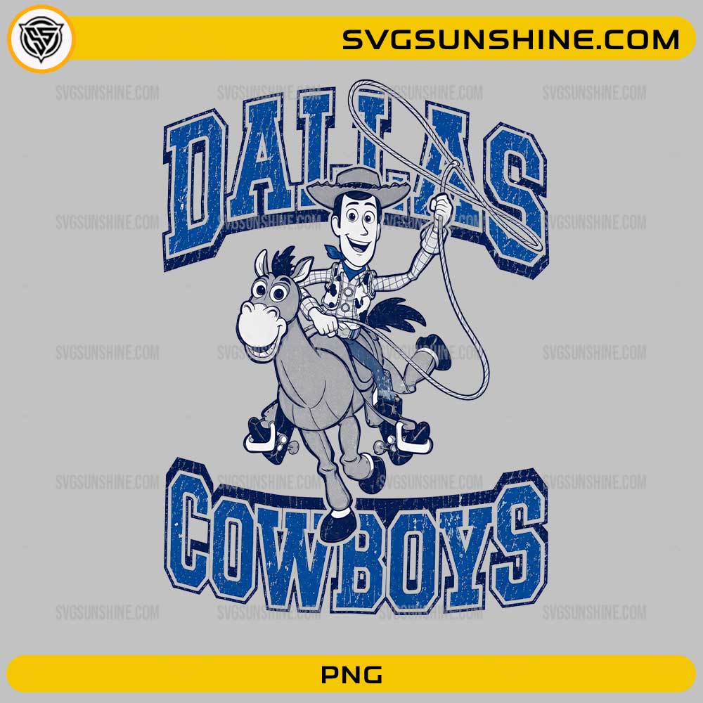 Dallas Cowboys Woody PNG featuring a cowboy character riding a horse with vintage football team lettering