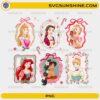 Disney Princess Christmas PNG featuring holiday princess portraits with festive ribbons, floral frames, and Christmas decorations