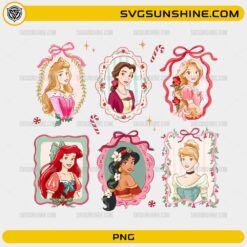Disney Princess Christmas PNG featuring holiday princess portraits with festive ribbons, floral frames, and Christmas decorations