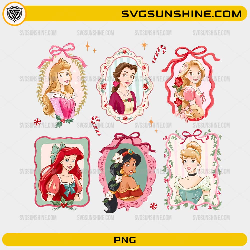 Disney Princess Christmas PNG featuring holiday princess portraits with festive ribbons, floral frames, and Christmas decorations
