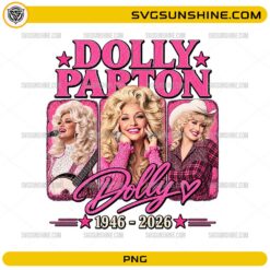 Dolly Parton 1946–2026 PNG vintage country music tribute design with pink glitter lettering and iconic portraits