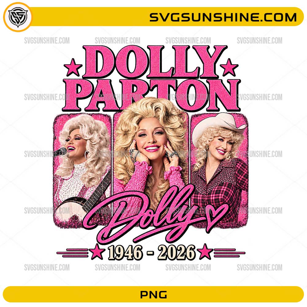 Dolly Parton 1946–2026 PNG vintage country music tribute design with pink glitter lettering and iconic portraits