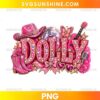 Dolly Parton Glitter Cowgirl PNG with pink rhinestone lettering cowboy boots guitar butterflies disco ball and Western country music theme