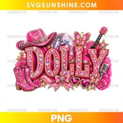 Dolly Parton Glitter Cowgirl PNG with pink rhinestone lettering cowboy boots guitar butterflies disco ball and Western country music theme