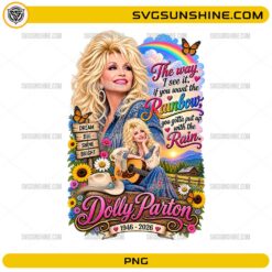 Dolly Parton Rainbow Quote PNG with rainbow sunflowers butterflies guitar and inspirational country artwork