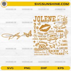 Dolly Parton Songs SVG country music design with butterflies, cowboy boots, cassette tape and western graphics