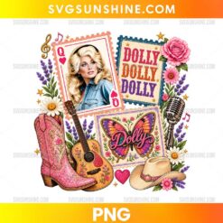 Dolly Parton Western Floral PNG with pink cowgirl boots, guitar, microphone, flowers, butterfly, and country music western design.