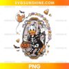 Donald Duck Trick or Treat Halloween PNG with skeleton costume, pumpkin candy bucket, bats, candy corn, and spooky castle background