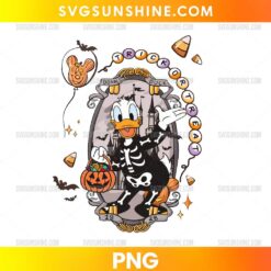 Donald Duck Trick or Treat Halloween PNG with skeleton costume, pumpkin candy bucket, bats, candy corn, and spooky castle background