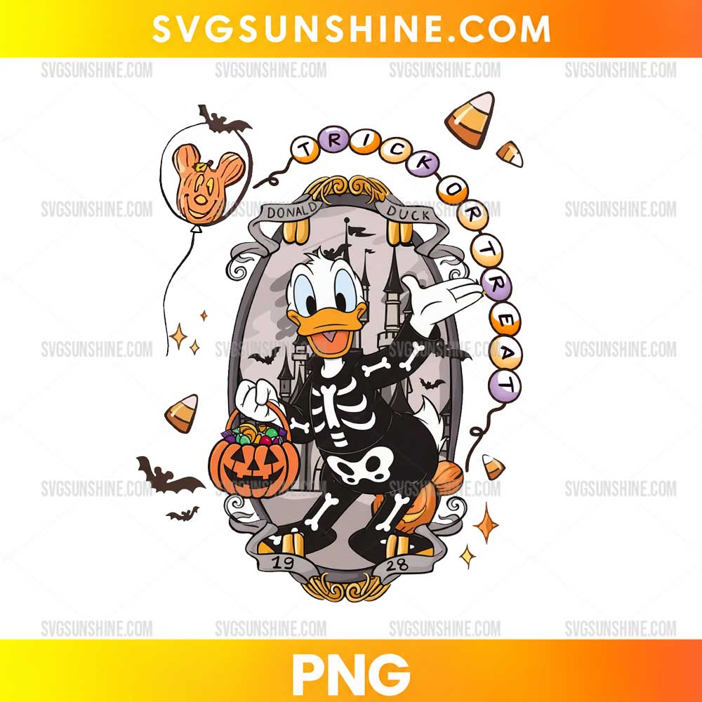 Donald Duck Trick or Treat Halloween PNG with skeleton costume, pumpkin candy bucket, bats, candy corn, and spooky castle background