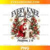 Every Knee Shall Bow Philippians 2:10 PNG featuring Santa kneeling before baby Jesus in a Christmas nativity scene with decorated trees and church background