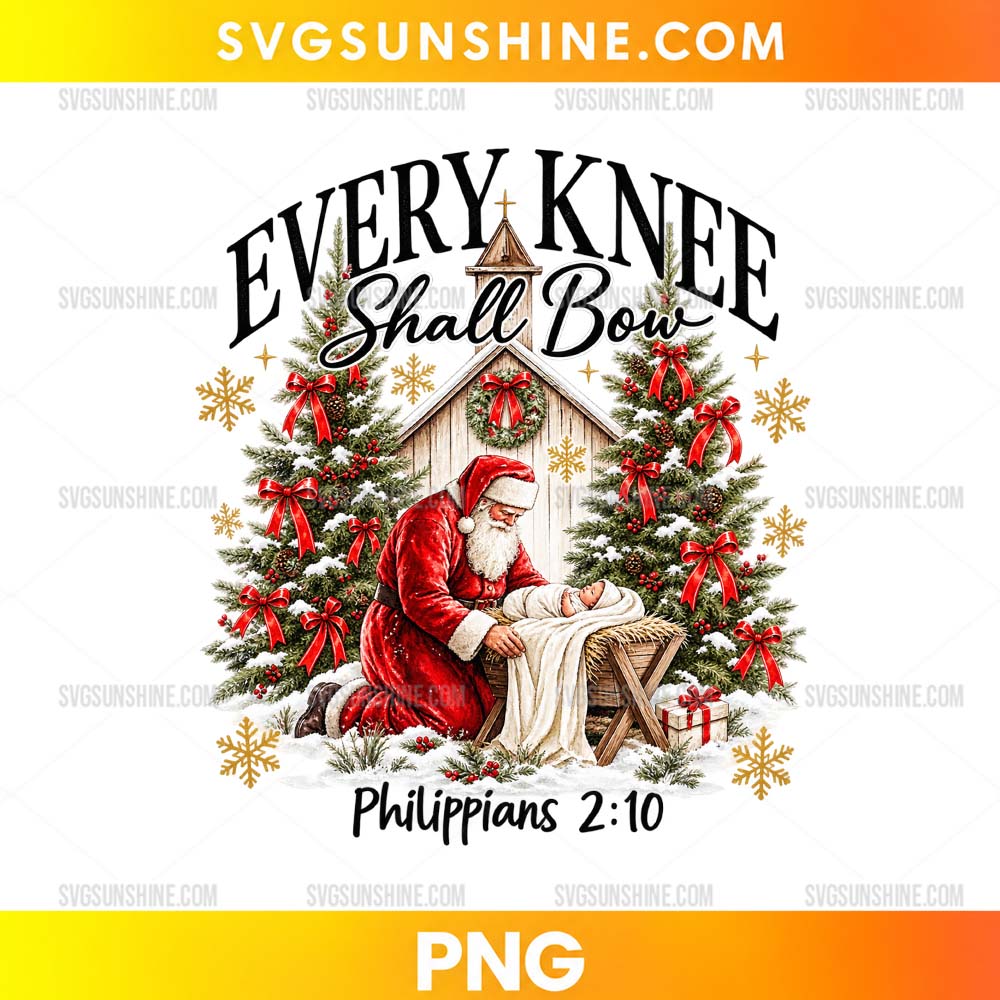 Every Knee Shall Bow Philippians 2:10 PNG featuring Santa kneeling before baby Jesus in a Christmas nativity scene with decorated trees and church background