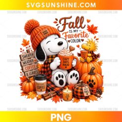 Fall Is My Favorite Color Snoopy PNG with Woodstock, pumpkins, coffee, autumn leaves, and cozy fall decorations