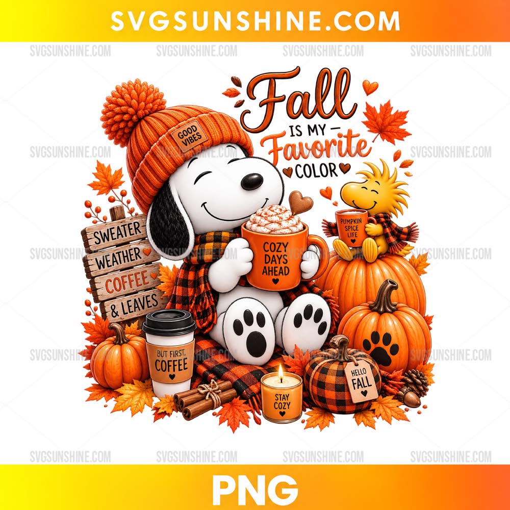 Fall Is My Favorite Color Snoopy PNG with Woodstock, pumpkins, coffee, autumn leaves, and cozy fall decorations