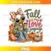 Fall Is My Love Language Duck PNG with coffee cup, pumpkins, floral bow, sunglasses, and autumn leaves