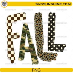 Fall PNG design with buffalo plaid, camouflage, leopard print, and polka dot patterns in distressed style