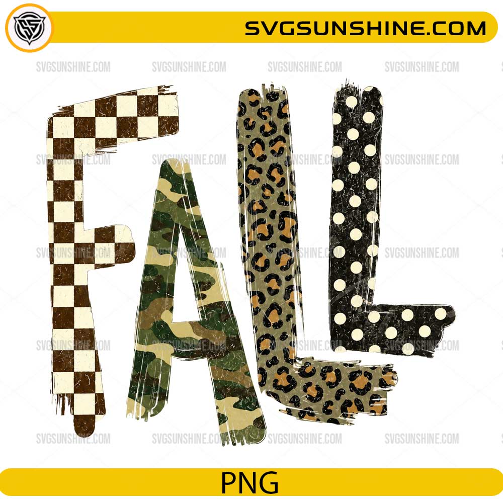 Fall PNG design with buffalo plaid, camouflage, leopard print, and polka dot patterns in distressed style