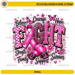 Fight Breast Cancer Awareness PNG with pink ribbon, boxing gloves, butterflies, flowers, and survivor support design