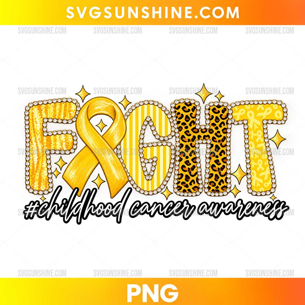 Fight Childhood Cancer Awareness PNG with gold ribbon awareness symbol and decorative lettering design